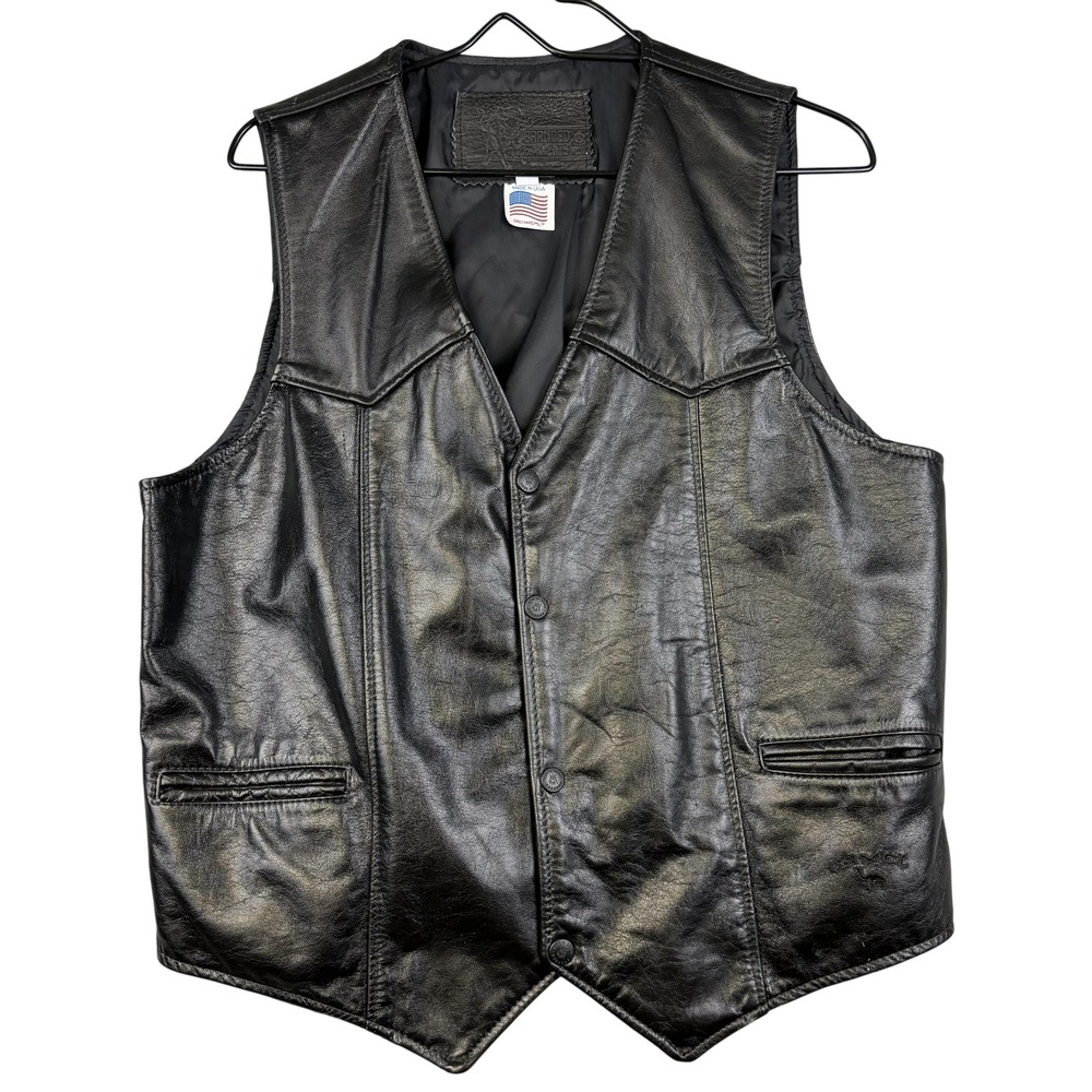 Vintage Camel Leather Vest Mens Large Black Moto Biker Branded‎ Garments USA 90s